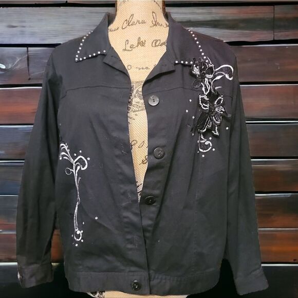 Embroidered Black Studded Jacket Size L - Picture 1 of 7